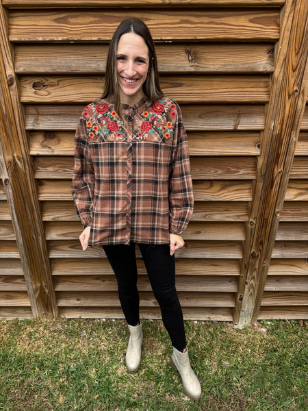 Savanna Jane Mocha Checkered Button Up Blouse