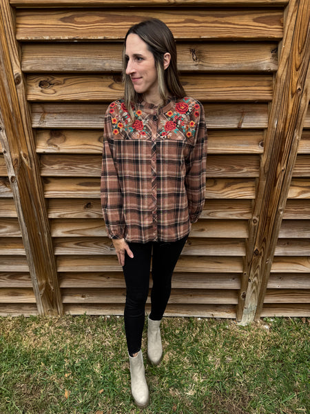 Savanna Jane Mocha Checkered Button Up Blouse