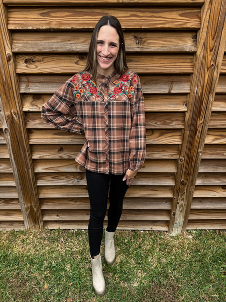 Savanna Jane Mocha Checkered Button Up Blouse