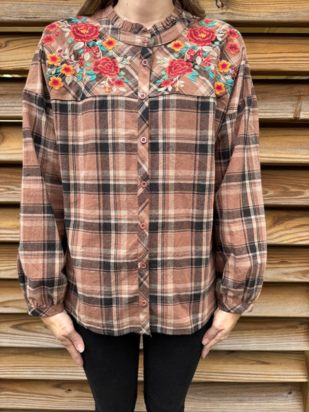 Savanna Jane Mocha Checkered Button Up Blouse