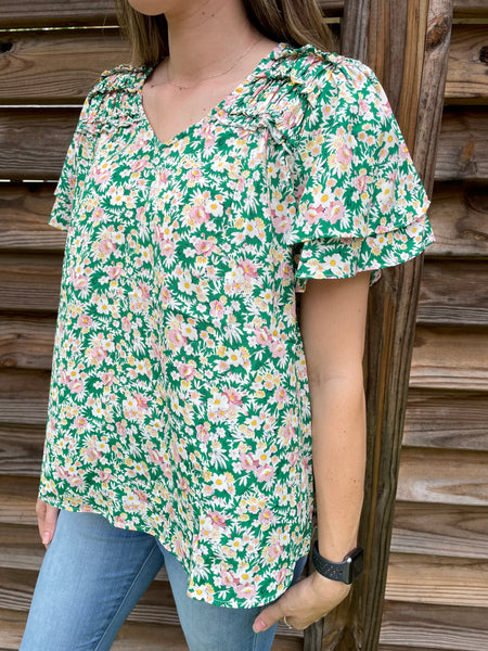Green & Light Pink Floral Ruffled Blouse