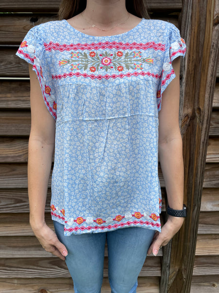 Sky Blue Embroidered Flutter Blouse