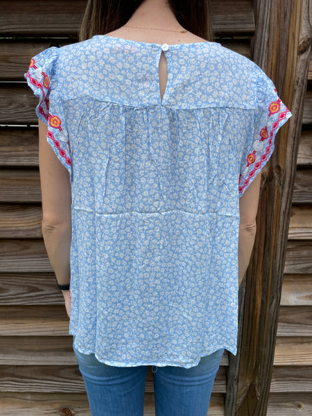 Sky Blue Embroidered Flutter Blouse