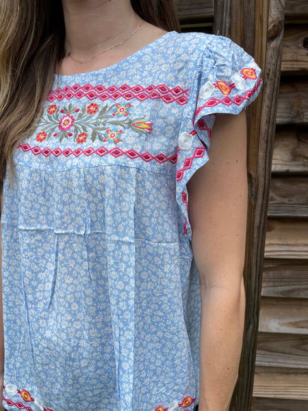 Sky Blue Embroidered Flutter Blouse