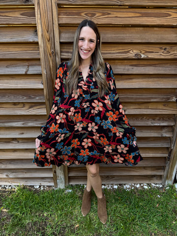 Blossom Black & Orange Mix Floral Fall Dress