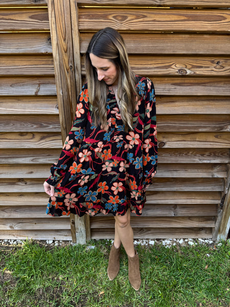 Blossom Black & Orange Mix Floral Fall Dress