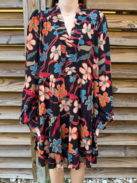 Blossom Black & Orange Mix Floral Fall Dress