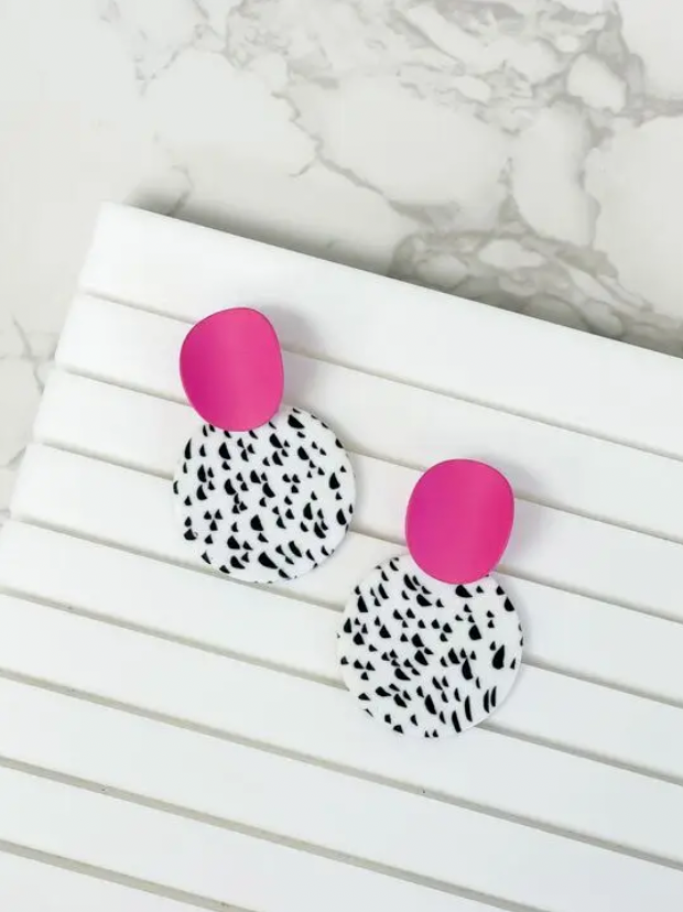 Black, White, & Pink Geometric Clay Dangle Earrings