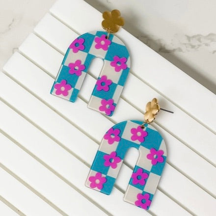 Blue & Pink Checkered Flower Arch Dangle Earrings