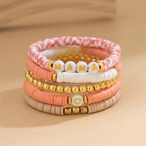 MAMA White & Coral Beaded Bracelet Set