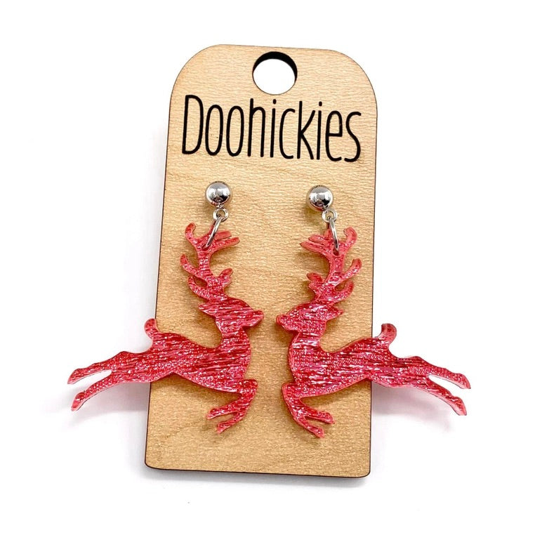 Pink Leaping Reindeer Acrylic Earrings