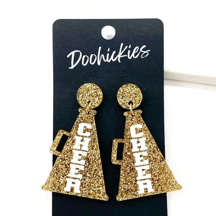 Cheer Megaphone Gold Glitter Dangle Earrings