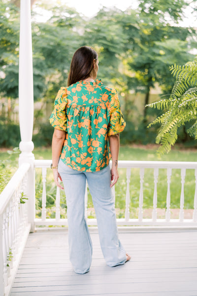 The Ginny Green & Yellow Embroidered Blouse