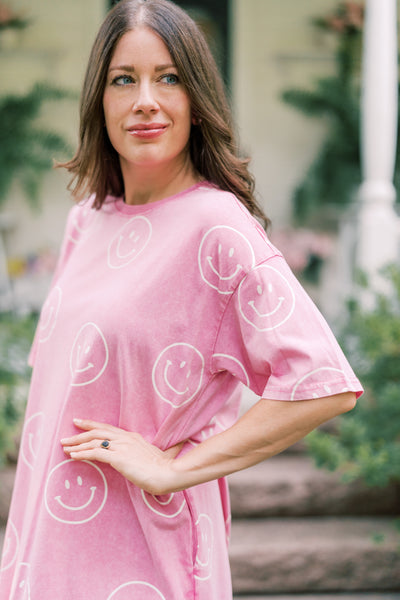 Sutton Smiley Face T-Shirt Dress - Pink