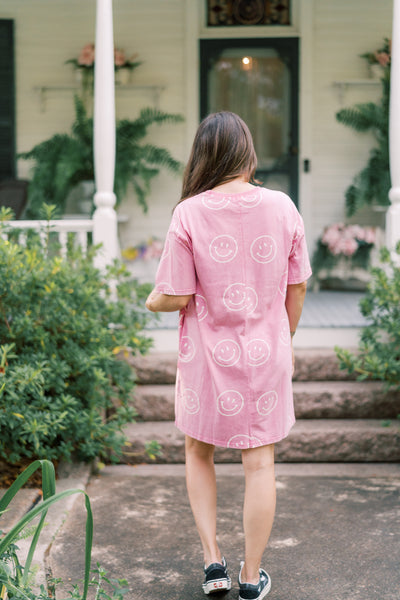 Sutton Smiley Face T-Shirt Dress - Pink