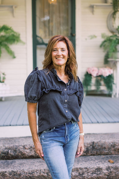 The Radiant Ruffled Denim Blouse - Charcoal Denim