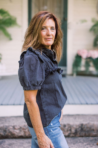 The Radiant Ruffled Denim Blouse - Charcoal Denim