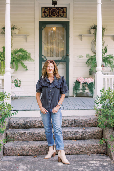 The Radiant Ruffled Denim Blouse - Charcoal Denim