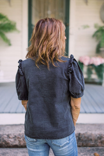 The Radiant Ruffled Denim Blouse - Charcoal Denim