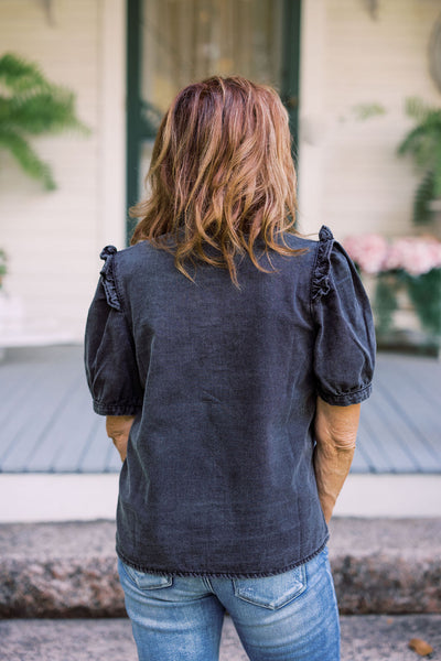 The Radiant Ruffled Denim Blouse - Charcoal Denim