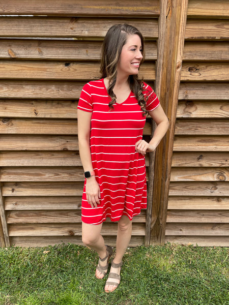 Abby Perfect V-Neck Striped Dress - Red