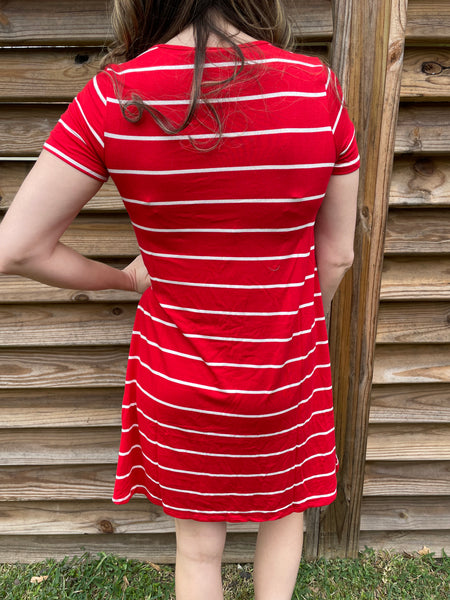 Abby Perfect V-Neck Striped Dress - Red