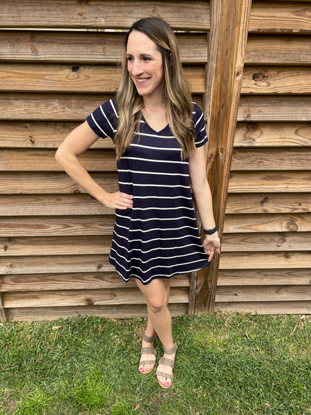 Abby Perfect V-Neck Striped Dress - Navy